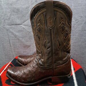 %Size 11D Corral Men's Cognac Ostrich Overlay Square Toe Brown Boots D4